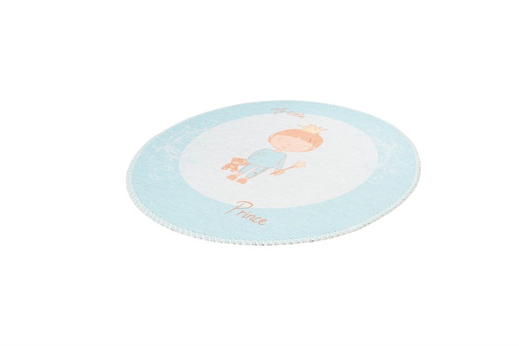 Runder Kinderteppich mit Motiv eines kleinen Prinzen, einem Teddybär und dem Schriftzug My little Prince.