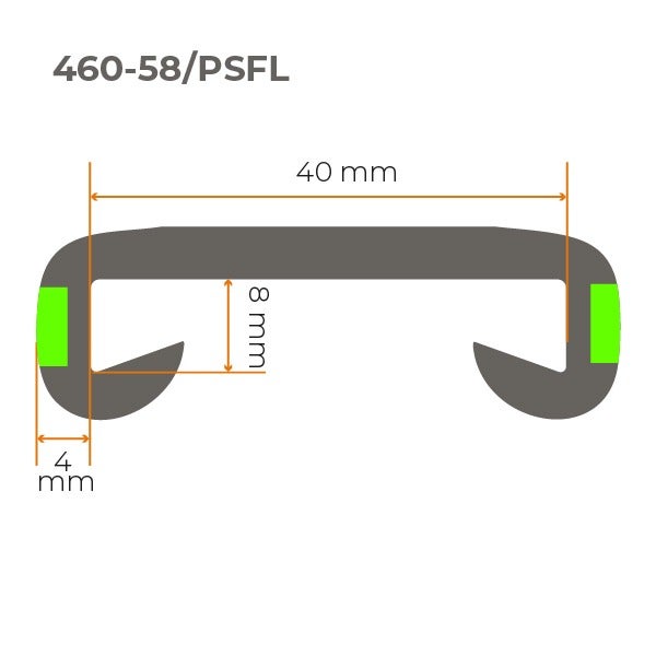 Technische Zeichnung eines Profils mit den Maßen 40 mm Breite, 8 mm Höhe und 4 mm Tiefe