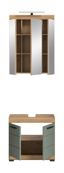 Badezimmer-Möbel-Set bestehend aus einem dreitürigen Spiegelschrank mit Beleuchtung und einem Waschbeckenunterschrank in Eiche-Optik mit grünen Fronten.