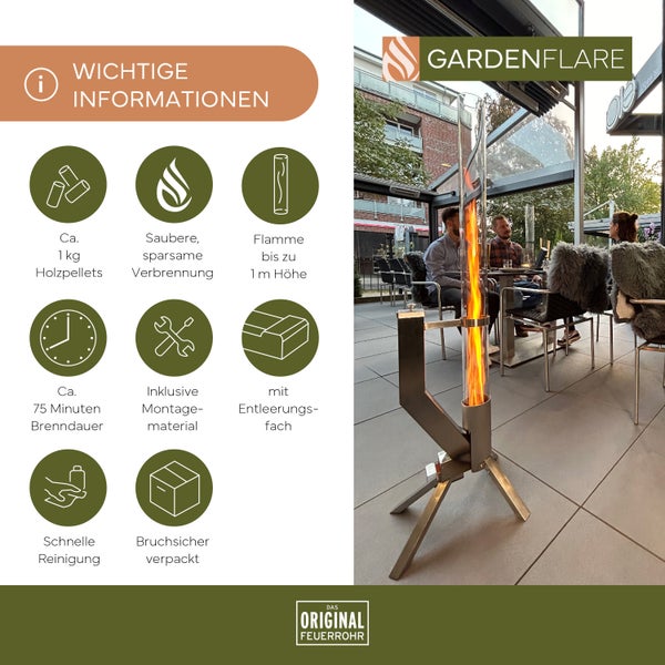 Gardenflare Edelstahl Feuersäule mit Feuerrohr und Pelletfackel für Tolles Ambiente-Feuer – Elegante Terrassenheizer und Gartenkamin die Alternative für deine Terrasse und Garten (silber)