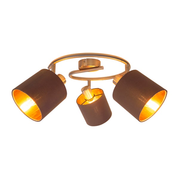 3er Wand- und  Deckenrondell MARON aus Metall satiniert-matt mit Stoffschirmen  in Braun, mit E14-Fassung, Lampe für Wohnzimmer, Esszimmer, Flur und Büro, 28,5 cm Durchmesser