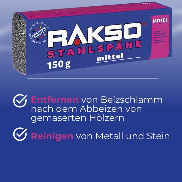 Rakso Stahlspäne, Feinheit mittel, 150 Gramm, hergestellt in Deutschland, zum Entfernen von Rückständen bei Holz und Reinigen von Metall und Stein.
