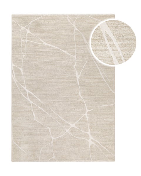Webteppich mit abstraktem Linienmuster in Marmor-Optik und Detailansicht der Textur.