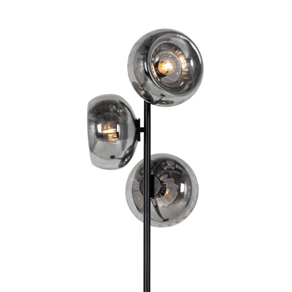Art-Deco-Stehlampe schwarz mit Rauchglas 3-flammig – Ayesha