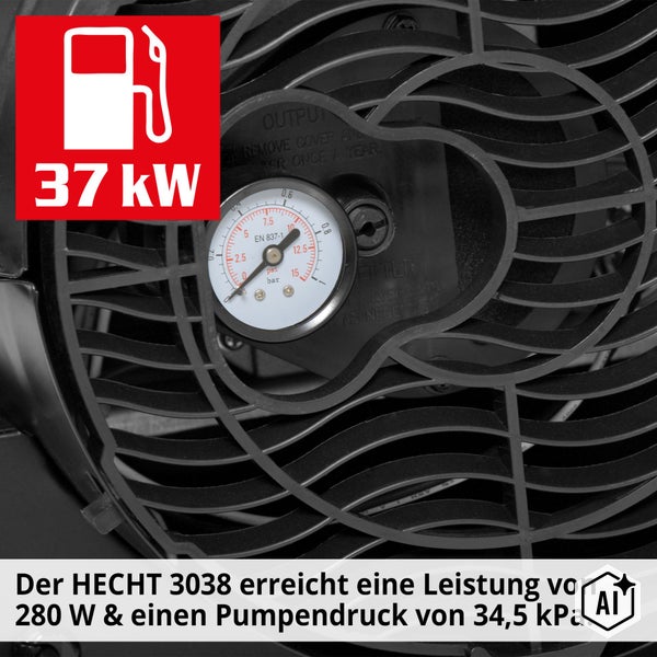 Detailansicht eines Hecht 3038 Heizgeräts mit integriertem Manometer zur Anzeige des Pumpendrucks und Heizleistung von 37 Kilowatt.