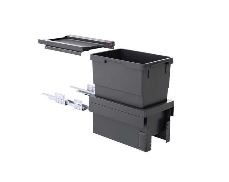 Einbau-Abfallsammler mit Auszugssystem, Deckel und grauem Kunststoffbehälter für Küchenunterschränke.