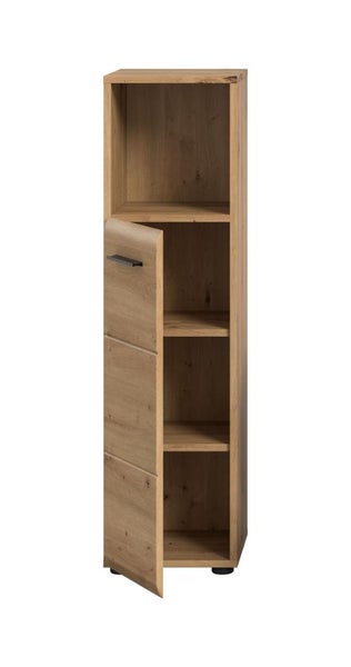 Hoher Bad-Hochschrank in Eichenoptik mit einer Tür, einem schwarzen Griff und einem offenen Fach oben.