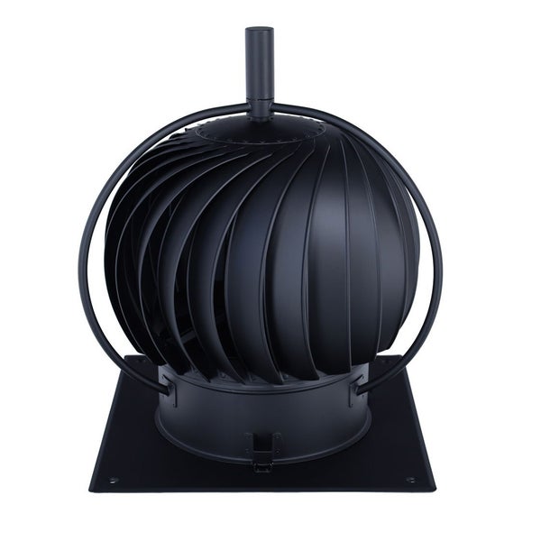 Ein windbetriebener Dachventilator in Kugelform mit Lamellen und quadratischer Montageplatte zur verbesserten Schornsteinentlüftung.