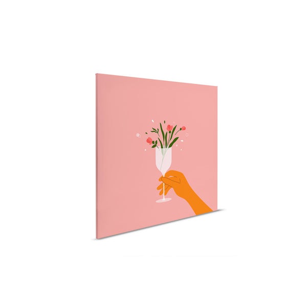 Leinwandbild mit Illustration einer Hand, die ein Weinglas mit Blumen hält