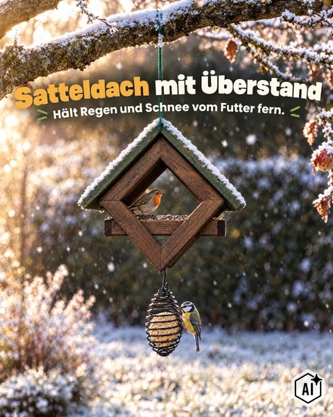 Holz Vogelfutterhaus mit Satteldach und Meisenknödelhalter hängend an einem Baum im verschneiten Garten mit Rotkehlchen und Blaumeise.
