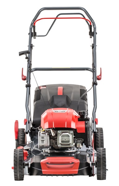 Benzin-Rasenmäher mit OHV-Motor, rotem Gehäuse und schwarzen Rädern.