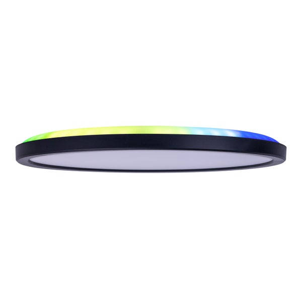 Die LED Deckenleuchte CARLO mit RGB-Backlight, Ø von 29,3 cm, klassisch-moderne Deckenleuchte aus schwarzem/weißem Kunststoff mit vielen Funktionen, z.B. Farbwechsler