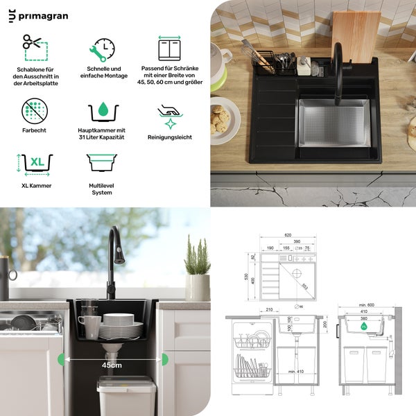 Primagran Spüle mit Details zu Schablone für den Arbeitsplatzausschnitt, schneller und einfacher Montage, passend für Schränke mit einer Breite von 45, 50, 60 cm und größer, Farbechtheit, Hauptkammer mit 31 Liter Kapazität, Reinigungsleichtigkeit, XL Kammer und Multilevel System sowie Maßangaben.