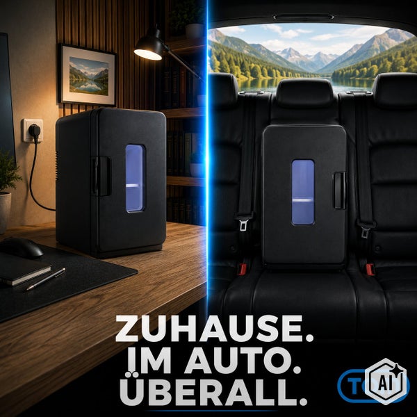 Kompakter Minikühlschrank für den Einsatz zu Hause am Schreibtisch und mobil im Auto inklusive Tom Logo.