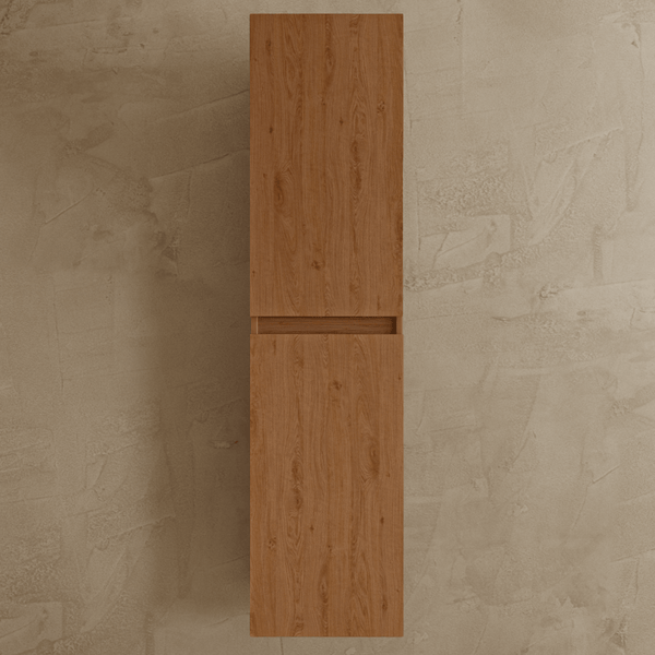 Hoher Badezimmerschrank in Holzoptik mit zwei Türen und vertikalem Design zur Wandmontage