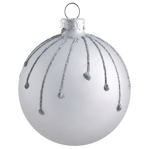 Matte silberne Christbaumkugel aus Glas mit glitzerndem Tropfenmuster und Aufhängeöse.