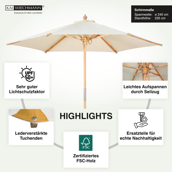 Sonnenschirm 240 cm weiß stylisch Windauslass UPF 50