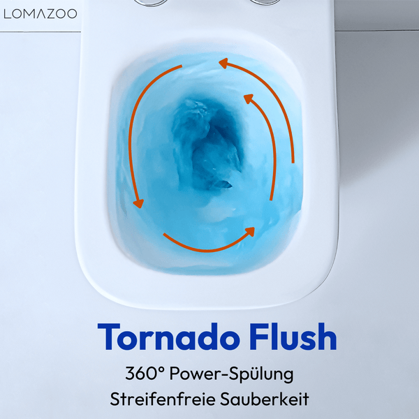 Draufsicht einer Toilette mit Tornado Flush System für eine kraftvolle 360 Grad Spülung von Lomazoo für streifenfreie Sauberkeit.