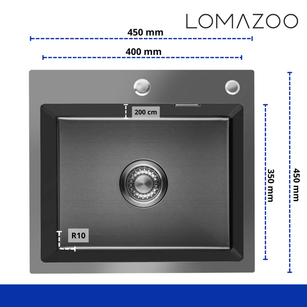 Edelstahl Einbauspüle von Lomazoo mit Maßangaben in Millimetern für die Montage in der Küche.