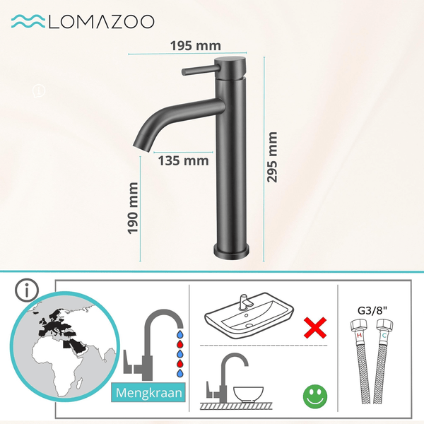 Lomazoo Waschtischarmatur mit Maßangaben und Installationshinweisen