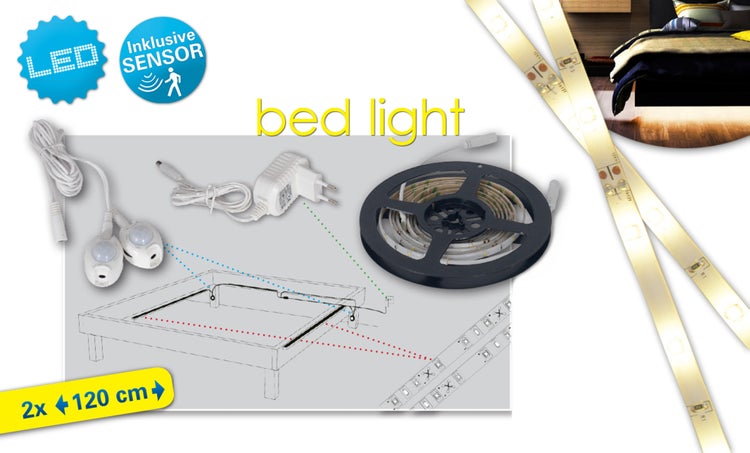 LED Bettlicht Set mit Sensoren, inklusive LED Streifen mit einer Länge von 2 mal 120 cm.