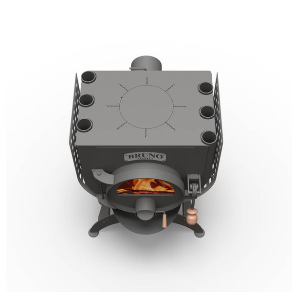 Holzofen von oben mit Kochfeld und Sichtfenster