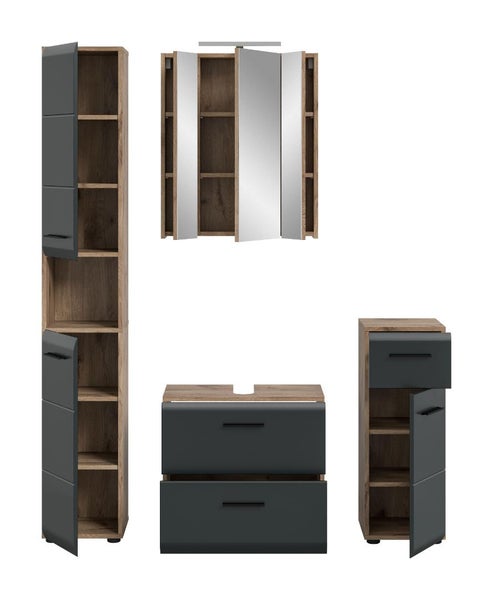 Badezimmermöbel Set in Holzoptik mit anthrazitfarbenen Fronten, bestehend aus Hochschrank, Spiegelschrank, Waschtischunterschrank und Beistellschrank.
