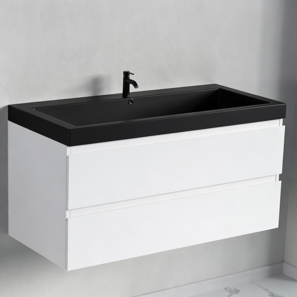 Hängender Waschtischunterschrank mit zwei Schubladen und aufgesetztem Waschbecken inklusive Armatur für ein modernes Badezimmer.