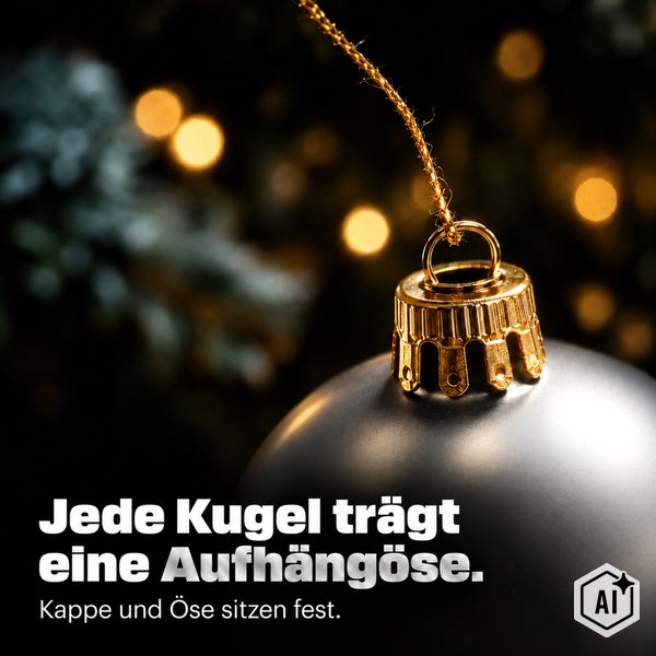 Weihnachtskugel mit stabiler Aufhängöse und Kappe vor verschwommenem Lichterhintergrund.