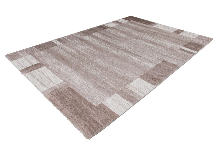 Moderner rechteckiger Teppich mit Bordüre und horizontalem Strukturmuster in Beige- und Brauntönen.