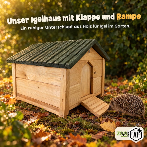 Igelhaus aus Holz mit nach innen schwingender Klappe, die sich beim Durchgang automatisch öffnet und wieder schließt.