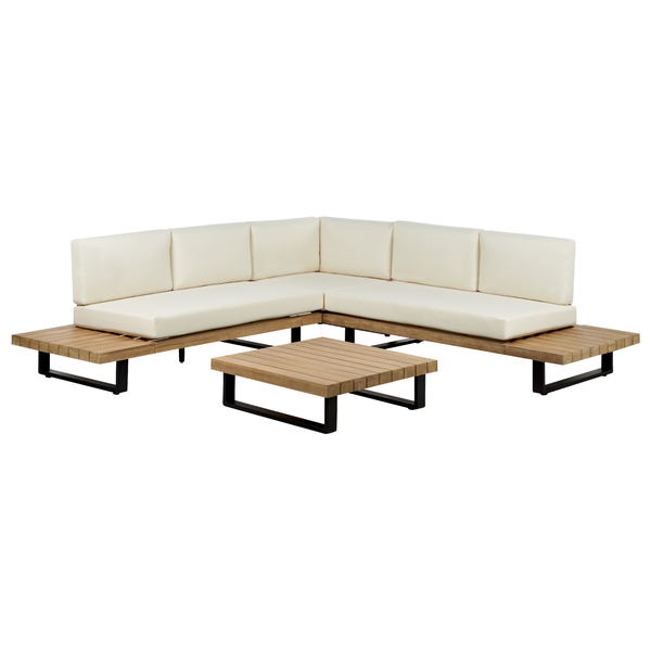 Garten Ecksofa mit Tisch 5-Sitzer MYKONOS rechtsseitig zertifiziertes Akazienholz Cremeweiß
