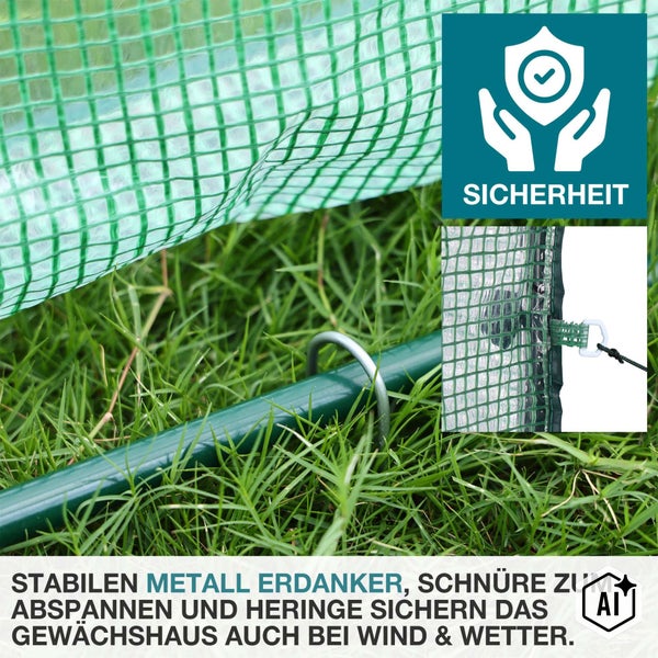 Stabile Metallerdanker, Schnüre zum Abspannen und Heringe zur sicheren Befestigung eines Gewächshauses bei Wind und Wetter.