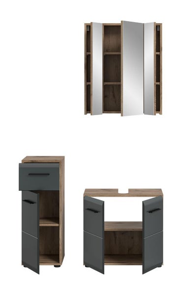 Dreiteiliges Badezimmermöbel-Set in Holzoptik mit anthrazitfarbenen Fronten, bestehend aus Spiegelschrank, Hochschrank und Waschbeckenunterschrank.