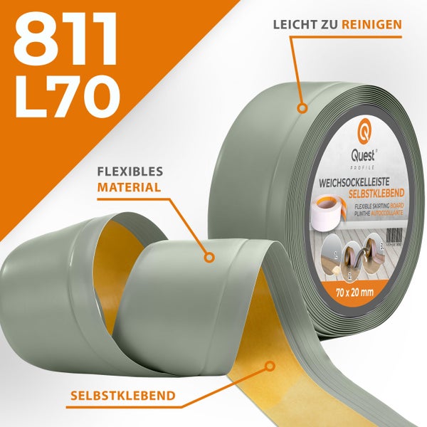 Quest Weichsockelleiste selbstklebend auf Rolle 70 mal 20 Millimeter fuer einfache Montage und Reinigung.