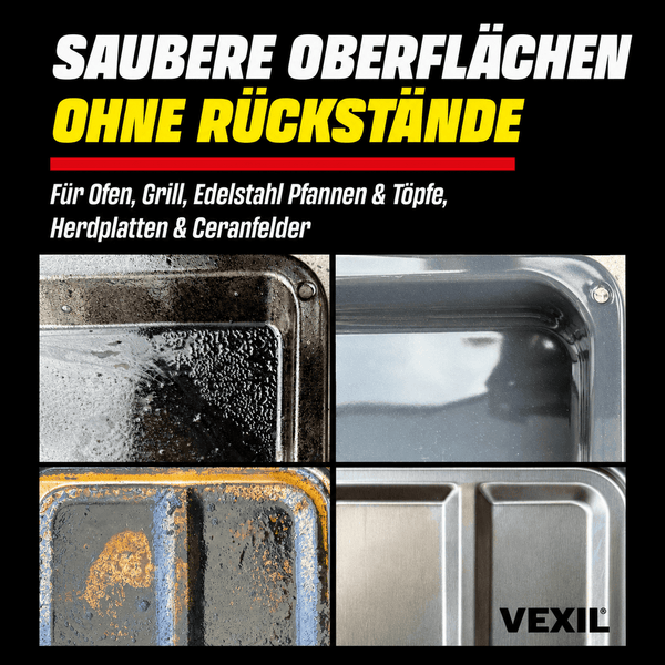 Vorher und Nachher Vergleichsbilder zur Reinigung von Ofenblechen und Grillrosten mit Vexil Reiniger für rückstandsfreie Oberflächen.