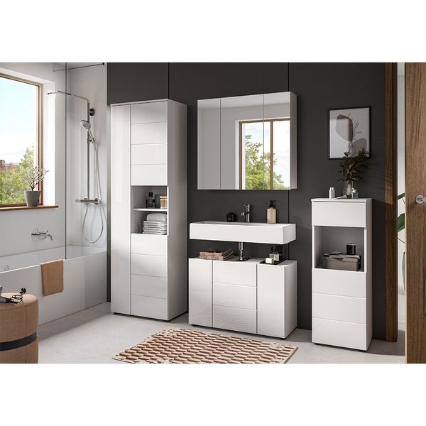 Vira Hochschrank Bad 3 Türen 2 Fächer weiß Hochglanz, weiß. 60 X 34 X 190 cm