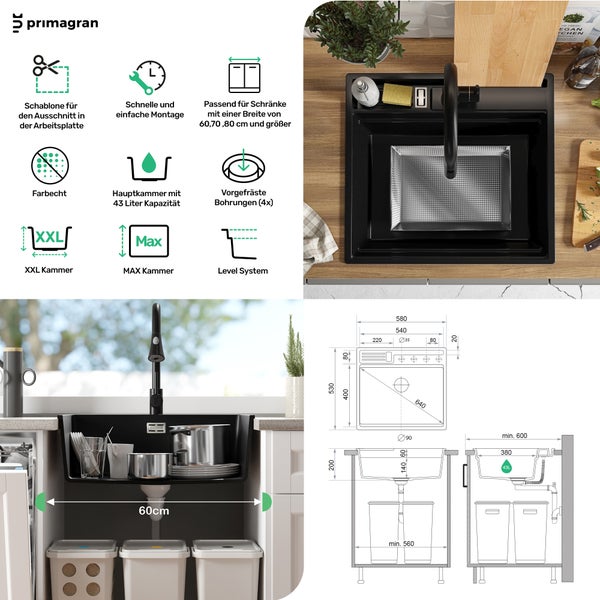 PRIMAGRAN Spülbecken Schwarz 58x53cm, Granitspüle 1 Becken + Ablauf-Set + Küchenzubehörset, Küchenspüle ab 60er Unterschrank - Oslo Pocket