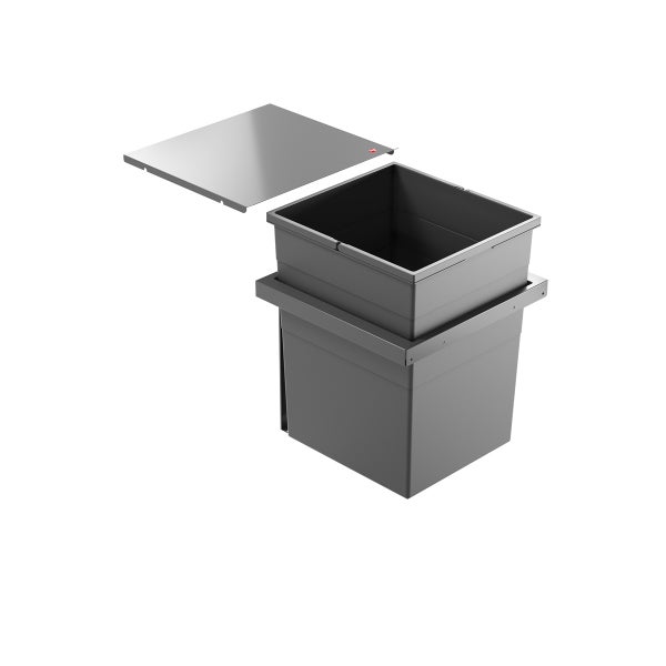 Dunkelgrauer Einbau-Abfalleimer aus Kunststoff mit Metalldeckel und Montagerahmen.
