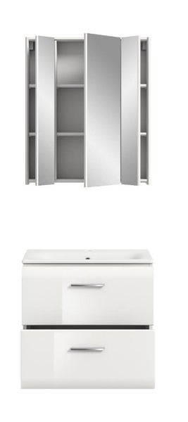Badezimmermöbel Set mit dreitürigem Spiegelschrank sowie Waschbeckenunterschrank mit zwei Schubladen und integriertem Waschbecken.