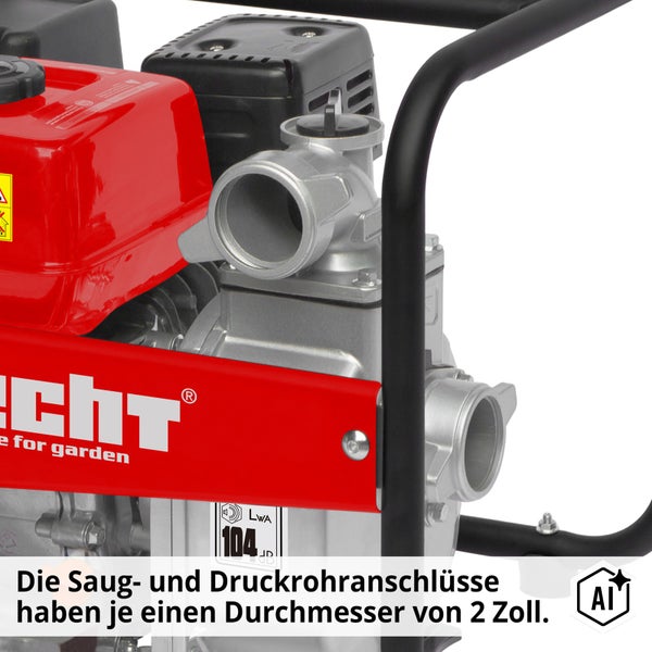 Hecht Benzin Wasserpumpe mit 2 Zoll Saug- und Druckanschluss zur Bewässerung.