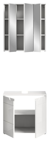 Badezimmermöbel Set mit Spiegelschrank und Waschbeckenunterschrank, Türen teilweise geöffnet, Regalfächer sichtbar.
