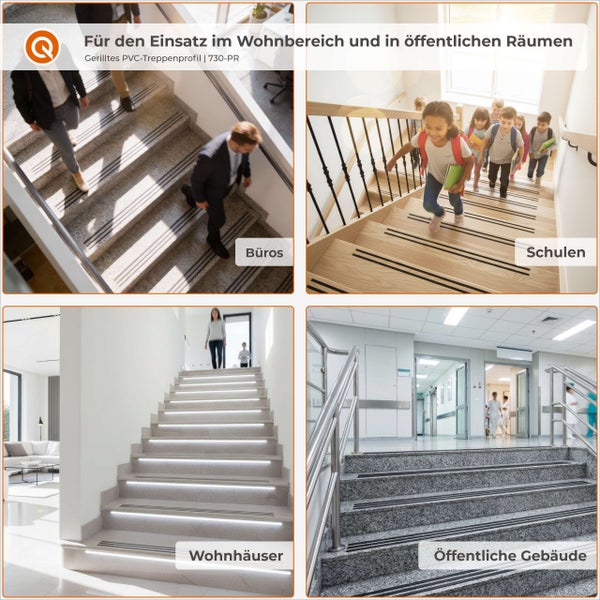 Anwendungsbeispiele für geriffelte PVC-Treppenprofile in Büros, Schulen, Wohnhäusern und öffentlichen Gebäuden.