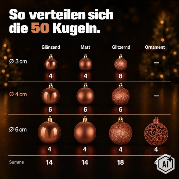 Übersicht der Verteilung von 50 Weihnachtskugeln nach Größe, Oberfläche und Anzahl.
