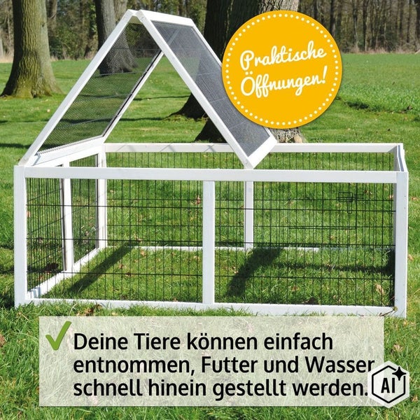 Kleintiergehege aus Holz mit aufklappbarem Dach für den Garten