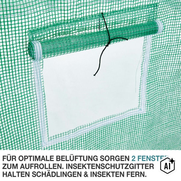 Aufrollbares Fenster mit Insektenschutzgitter für Foliengewächshaus zur Belüftung