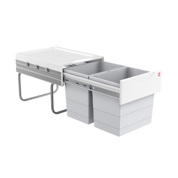 Ausziehbarer Einbaumülleimer aus Kunststoff mit zwei grauen Behältern, weißer Front und Deckel.
