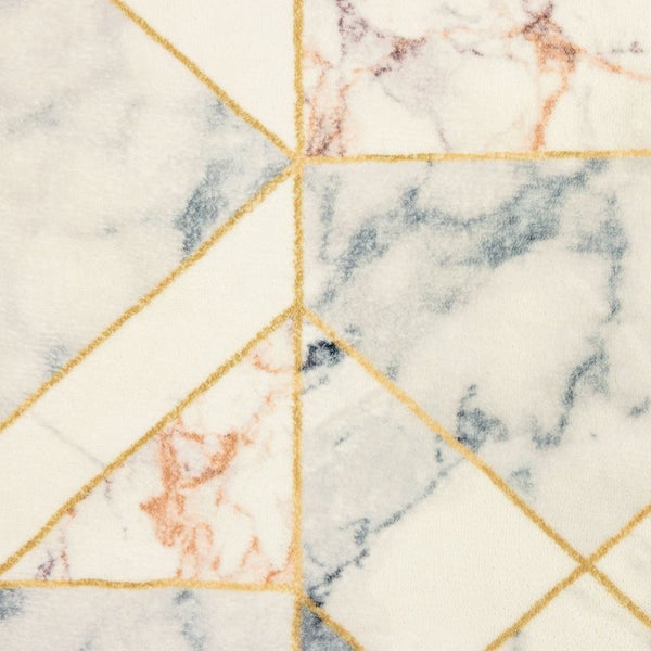 Teppich mit Marmor-Effekt und geometrischem Muster aus goldenen Linien.