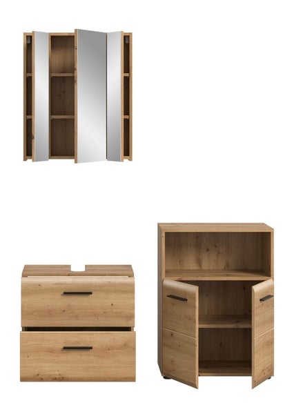 Dreiteiliges Badezimmermöbel-Set in Eichenoptik mit Spiegelschrank, Waschbeckenunterschrank und Seitenschrank.