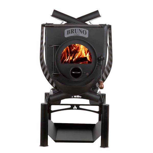Bruno Pyro Warmluftofen aus Stahl mit Holzfeuer in der Brennkammer und robustem Untergestell